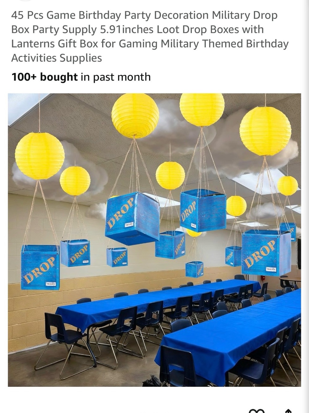 Blue Loot Drop Boxes and Yellow Paper Lanterns Party Decorations